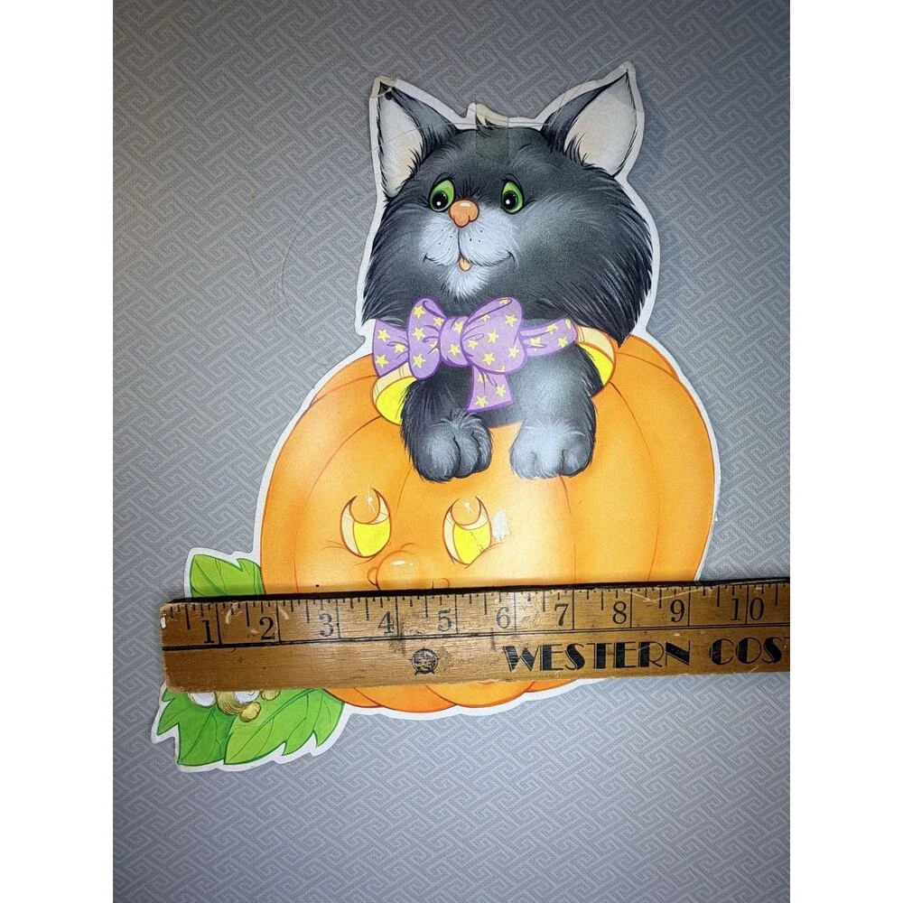 Vintage Halloween Black Cat Pumpkin Mouse Purple Tie Die-Cut Cardboard Wall Door